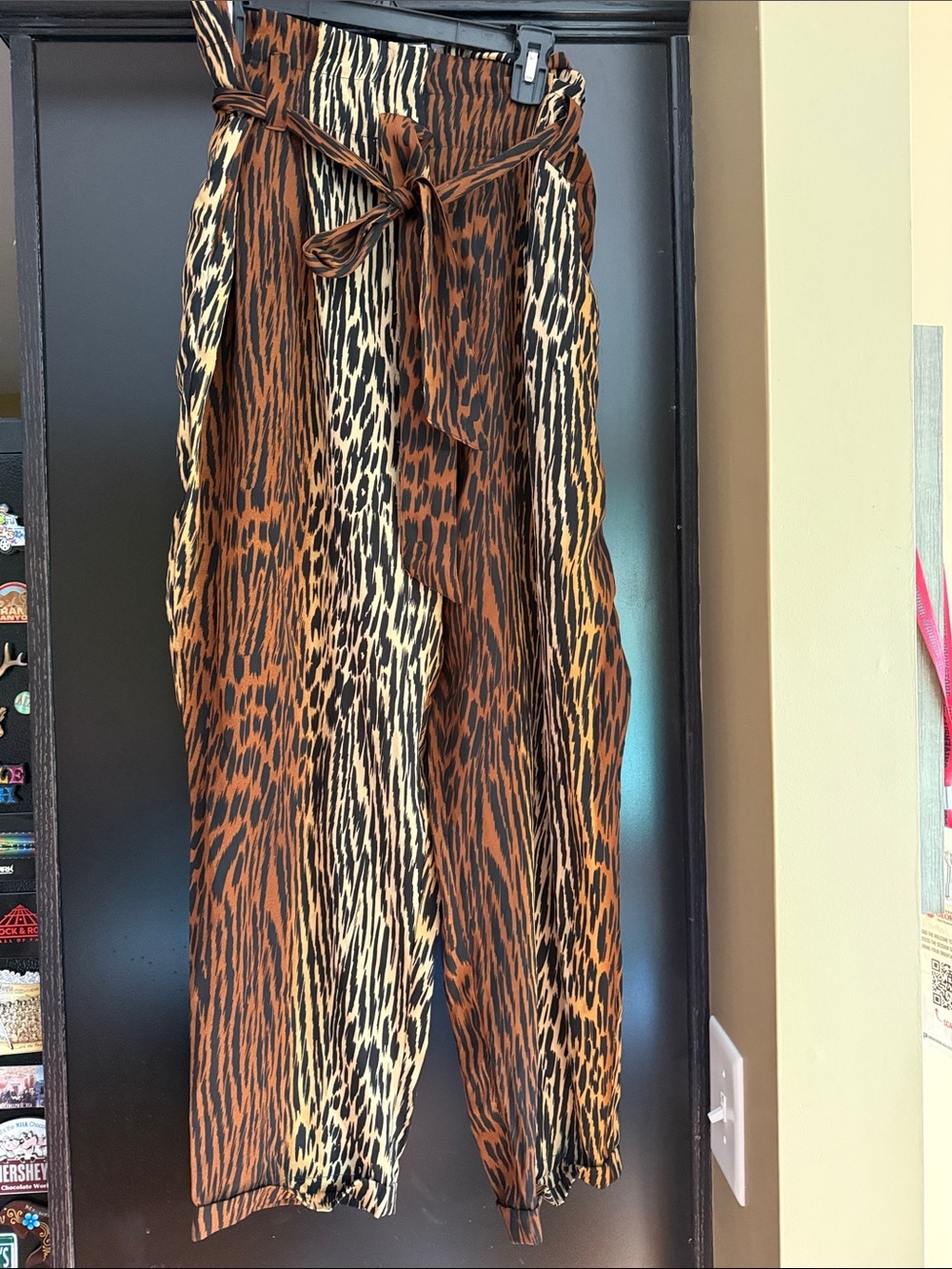 High-Waist NY & Co Animal Print Paperbag Pants in Brown L